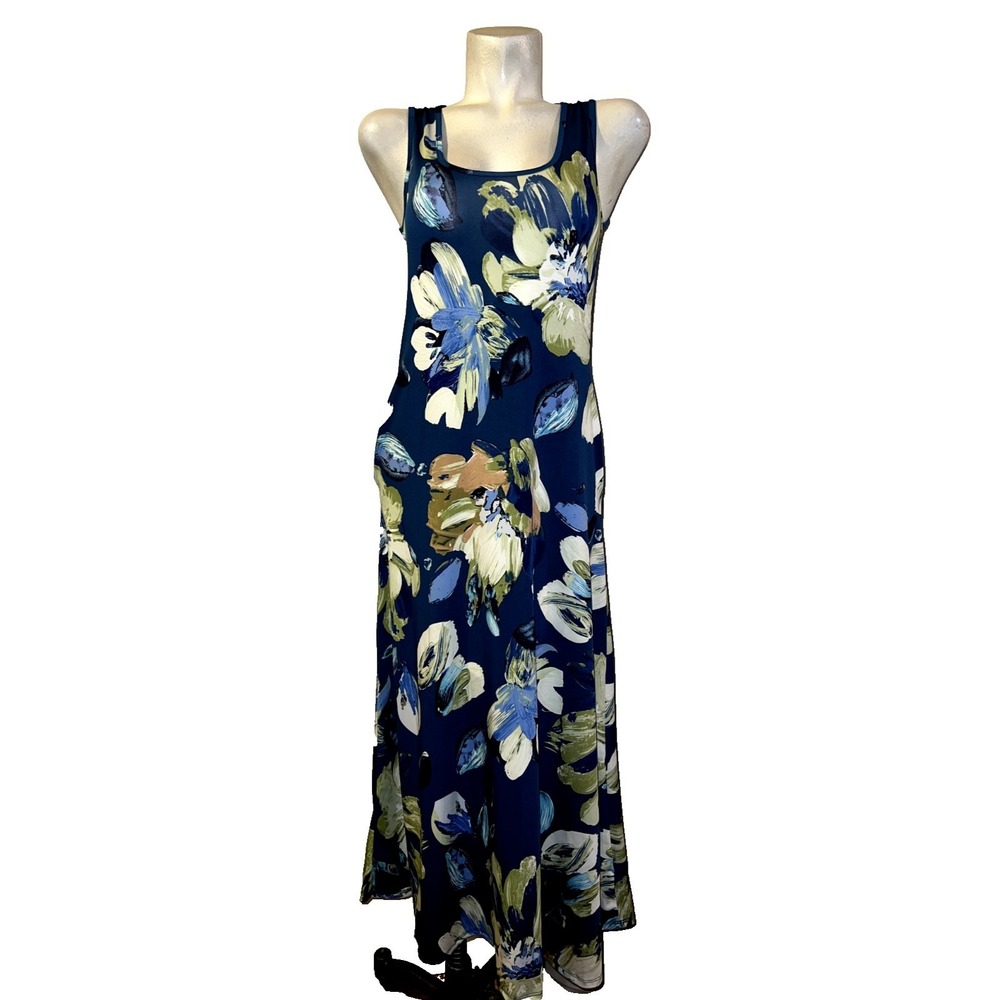 24seven Comfort Apparel Womens Floral Maxi Dress Navy Blue Sleeveless Pockets M